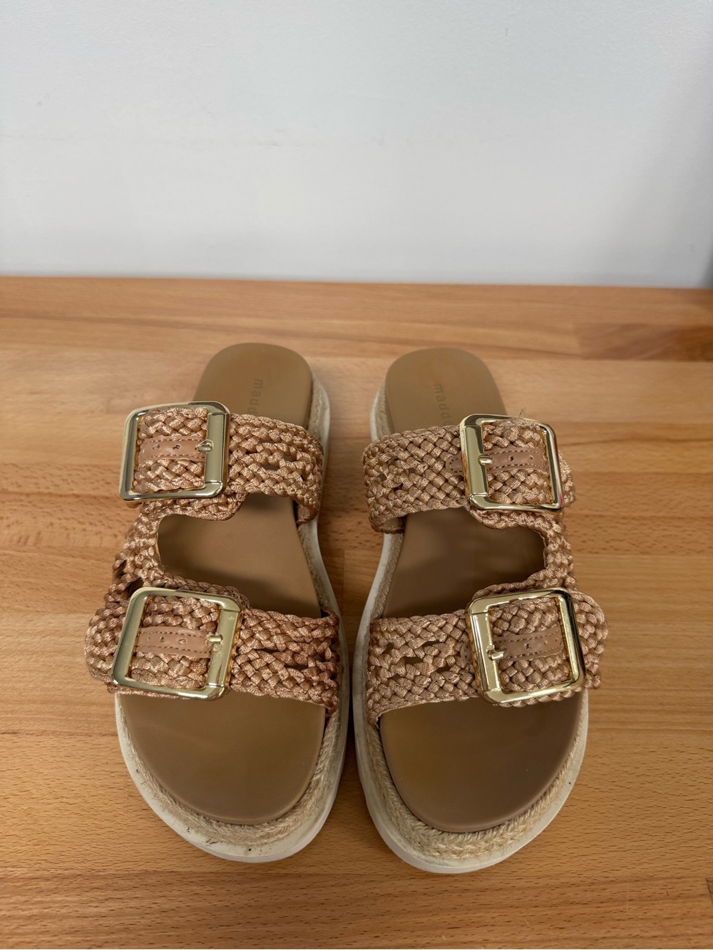 Madden Girl Tan Woven Double-Buckle Slide Sandals